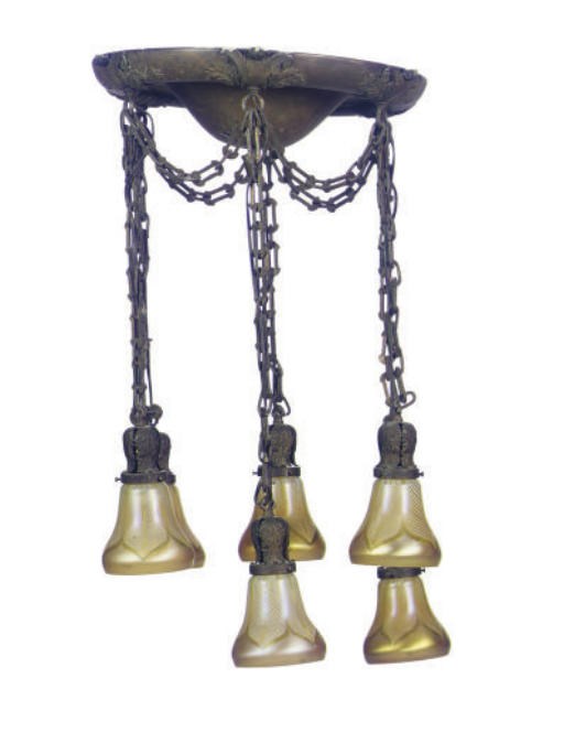 A GILT-METAL AND IRIDESCENT GLASS SIX-LIGHT CHANDELIER,