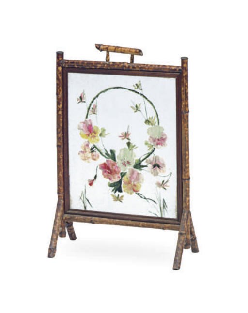 A LATE VICTORIAN BAMBOO AND PAINTED GLASS FIRE SCREEN,