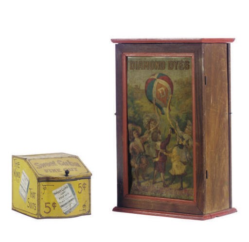 AN AMERICAN OAK AND TIN LITHOGRAPH DISPLAY CABINET,