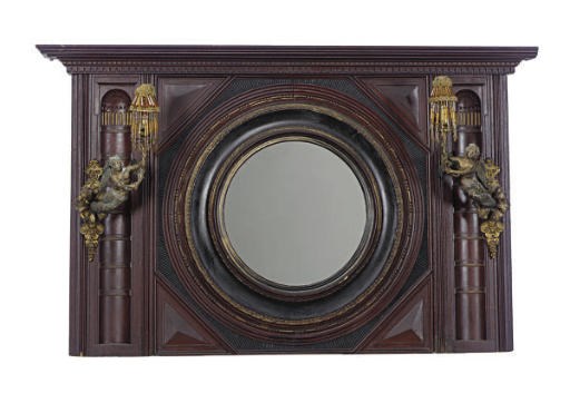 A VICTORIAN STAINED WOOD, EBONIZED, AND PARCEL-GILT OVERMANTEL MIRROR,