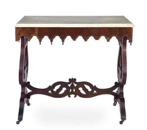 A GOTHIC REVIVAL MAHOGANY MARBLE TOP CENTER TABLE,