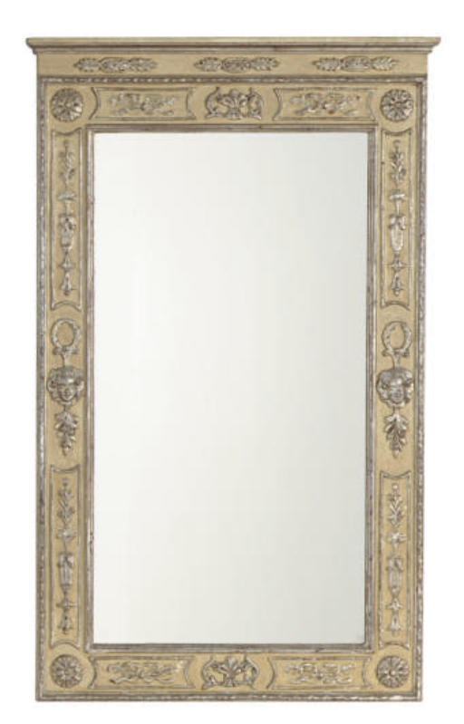A CREAM AND GILT-PAINTED CARVED WALL MIRROR,