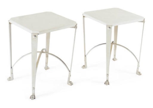 A PAIR OF SILVERED-METAL SIDE TABLES,