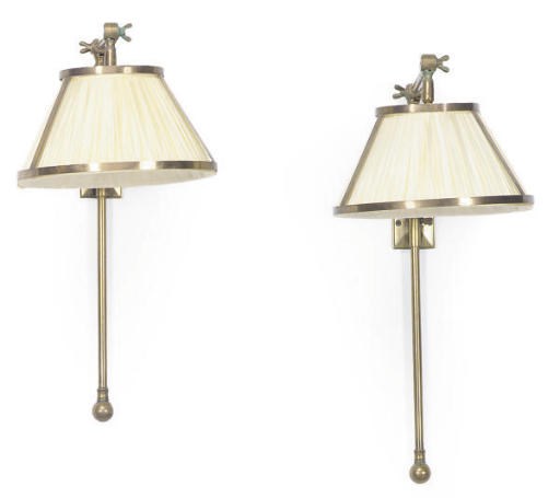 A GROUP OF SIX BRASS ADJUSTABLE SINGLE WALL-LIGHTS,