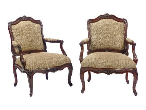 A LOUIS XV WALNUT FAUTEUIL, TOGETHER WITH A LATER MATCHED FAUTEUIL,