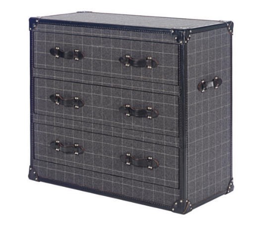 A FLANNEL AND LEATHER-BOUND CHEST-OF-DRAWERS,
