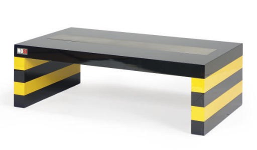 A BLACK AND YELLOW LACQUERED ALUMINUM COFFEE TABLE,