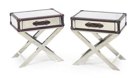 A PAIR OF CHROMED-METAL LEATHER-BOUND SIDE TABLES,