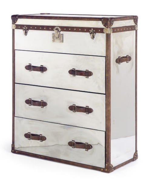 A LEATHER BOUND CHROMED-METAL CHEST OF DRAWERS,