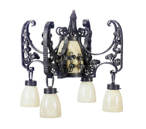 AN ALABASTER AND WROUGHT-IRON FIVE-LIGHT CHANDELIER,