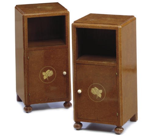 A PAIR OF ART DECO IVORY INLAID BURLWOOD SIDE CABINETS**,