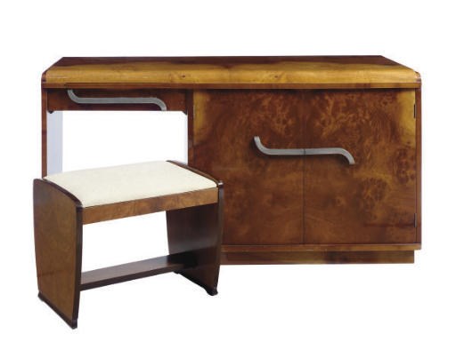 AN ART DECO BIRCH VANITY DESK AND STOOL,
