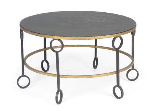 A PATINATED, GILT-METAL AND SLATE COFFEE TABLE,