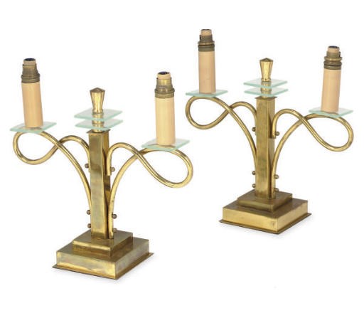A PAIR OF BRASS AND GLASS CANDELABRA,