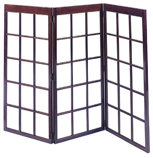 A MAHOGANY AND GLASS THREE-PANEL TABLE SCREEN,