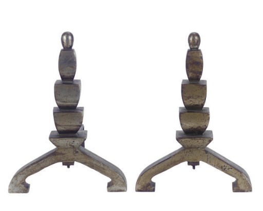A PAIR OF SILVERED METAL ANDIRONS,