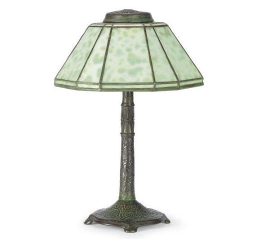 A 'ZODIAC' LEADED GLASS AND BRONZE TABLE LAMP,