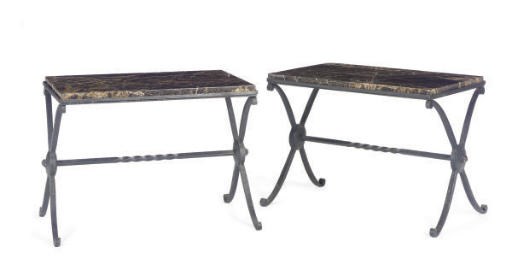 A PAIR OF ART DECO IRON AND MARBLE SIDE TABLES,