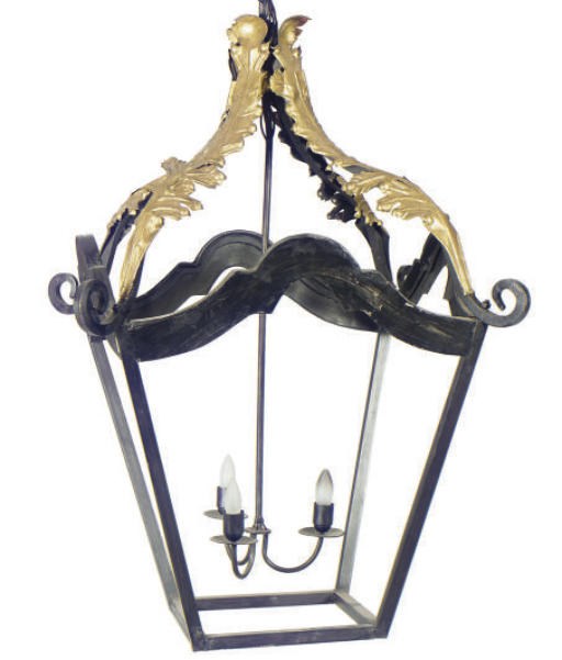 A WROUGHT IRON AND PARCEL-GILT LANTERN,