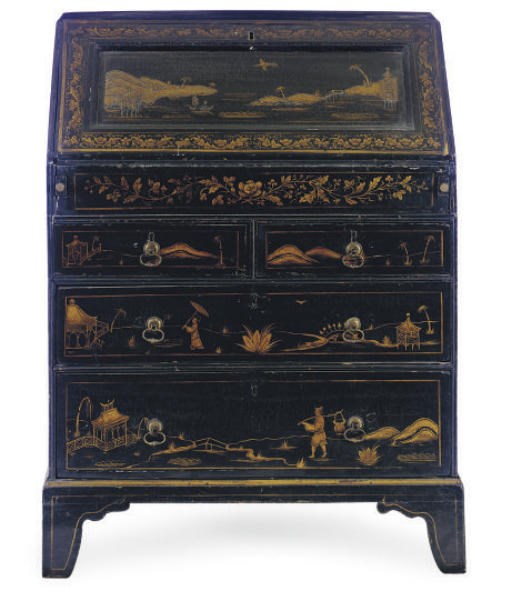 A GEORGE III JAPANNED AND PARCEL-GILT SLANT-FRONT BUREAU**,