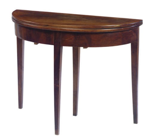 A MAHOGANY DEMILUNE CARD TABLE,