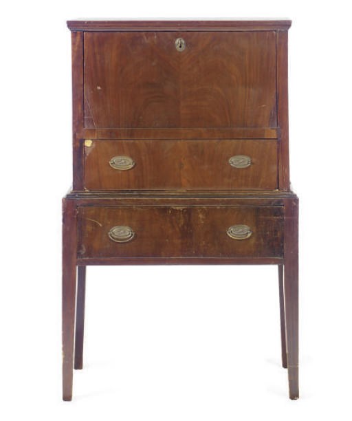 A MAHOGANY FALL-FRONT SECRETARY ON STAND,