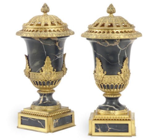 A PAIR OF GILT-BRONZE MOUNTED MARBLE COVERED URN-FORM POTPOURRI,