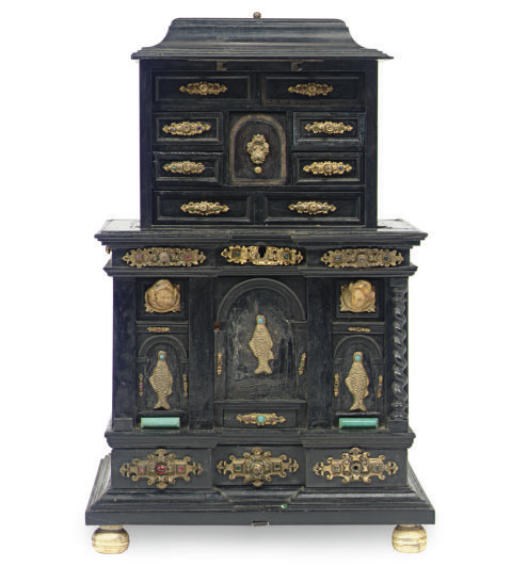 A GERMAN GILT-METAL MOUNTED EBONY CABINET OF CURIOUSITIES**,
