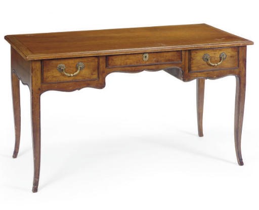 A FRENCH PROVINCIAL FRUITWOOD AND WALNUT BUREAU PLAT,