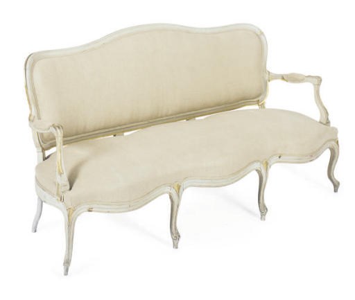 A GREY-PAINTED AND PARCEL-GILT SETTEE,