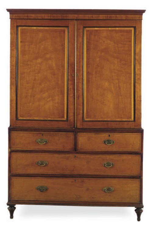 A LATE GEORGIAN INLAID MAHOGANY LINEN PRESS,