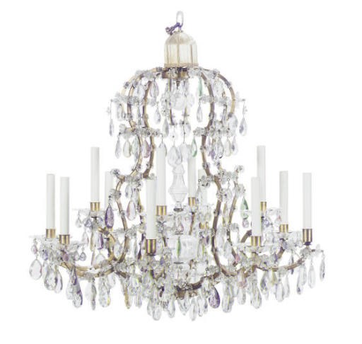 A FRENCH ORMOLU AND CUT CLEAR AND COLORED GLASS TWELVE-LIGHT CHANDELIER,