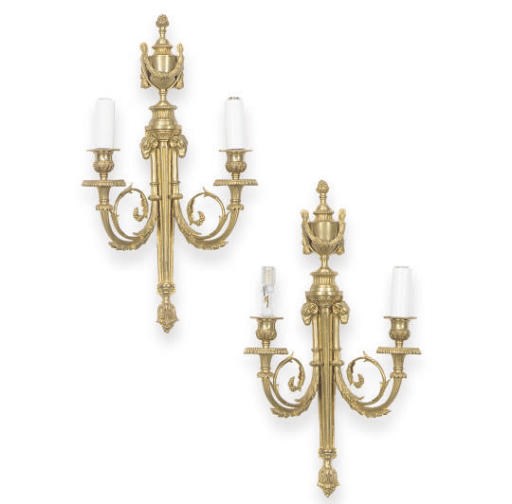 A PAIR OF FRENCH GILT-BRONZE TWO-BRANCH WALL-LIGHTS,