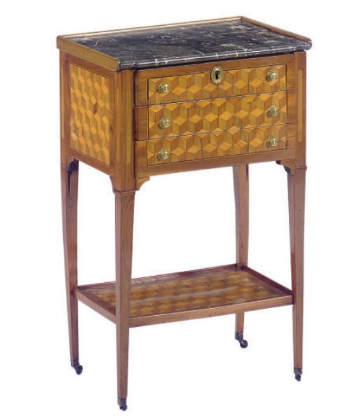 A LATE LOUIS XVI FRUITWOOD AND PARQUETRY TABLE A ECRIRE,