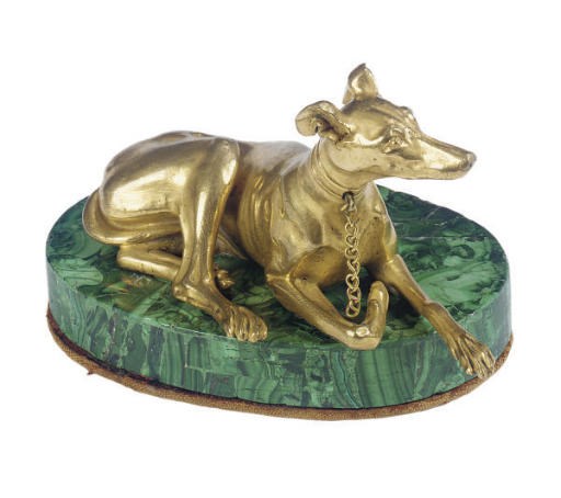 A GILT-BRONZE FIGURE OF A GREYHOUND,