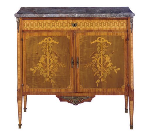 A CONTINENTAL TULIPWOOD AND FRUITWOOD MARQUETRY COMMODE,
