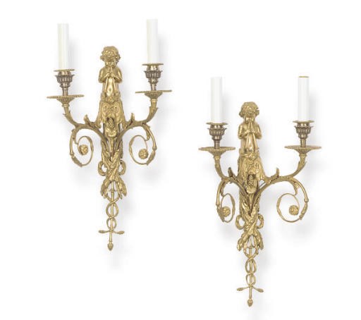 A PAIR OF FRENCH GILT-BRONZE TWO-BRANCH WALL-LIGHTS,