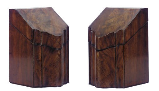 A PAIR OF GEORGE III MAHOGANY AND CHEVRON BANDED SERPENTINE KNIFE BOXES