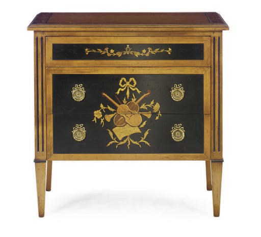 AN EBONIZED FRUITWOOD AND PAINT-DECORATED COMMODE,