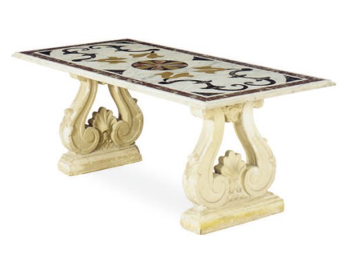 AN ITALIAN INLAID MARBLE TOP TRESTLE TABLE,
