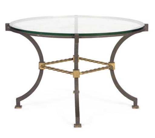 A WROUGHT IRON, PARCEL-GILT AND GLASS SIDE TABLE,