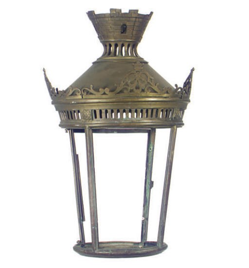 A BRONZED METAL HANGING STREET LANTERN,