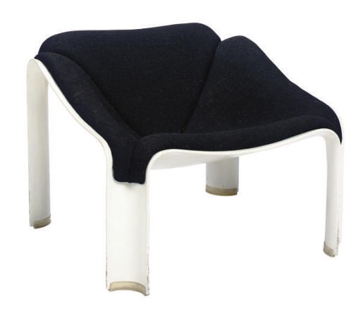 A PAIR OF PIERRE POULIN HARD WHITE PLASTIC UPHOLSTERD LOW CHAIRS,