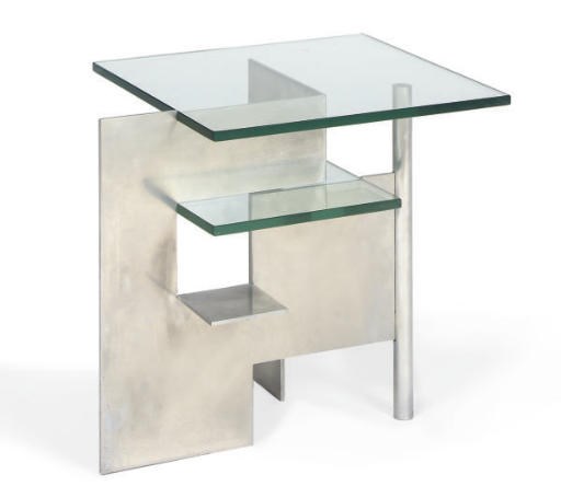 A GLASS AND STEEL LOW COCKTAIL TABLE,