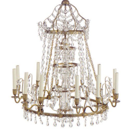 A NORTH EUROPEAN GILT-METAL AND CUT GLASS TWELVE-LIGHT CHANDELIER,