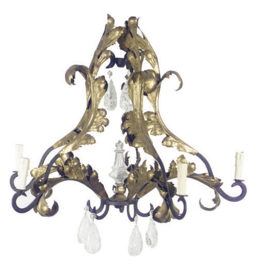 A WROUGHT IRON AND PARCEL-GILT FOUR-LIGHT CHANDELIER,