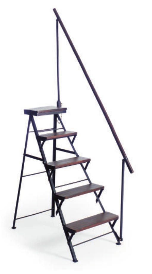 A MAHOGANY AND METAL FOLDING LIBRARY LADDER,