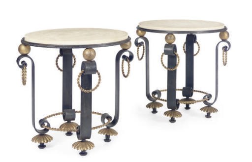 A PAIR OF PATINATED AND GILT-METAL STONE-TOP SIDE TABLES,