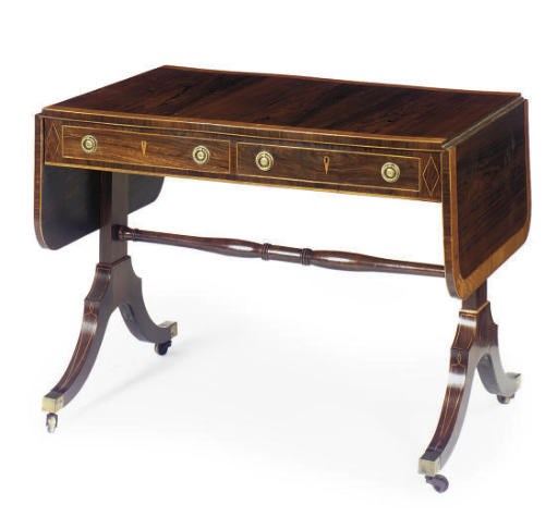 A GEORGE III ROSEWOOD, ROSEWOOD-GRAINED AND SATINWOOD-BANDED SOFA TABLE**,