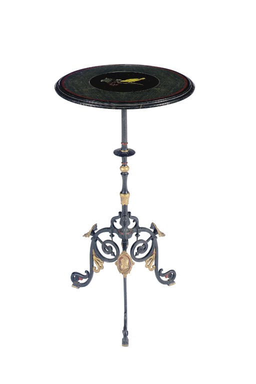 AN ITALIAN SPECIMEN MARBLE, EBONIZED AND PARCEL-GILT-METAL TRIPOD TABLE,